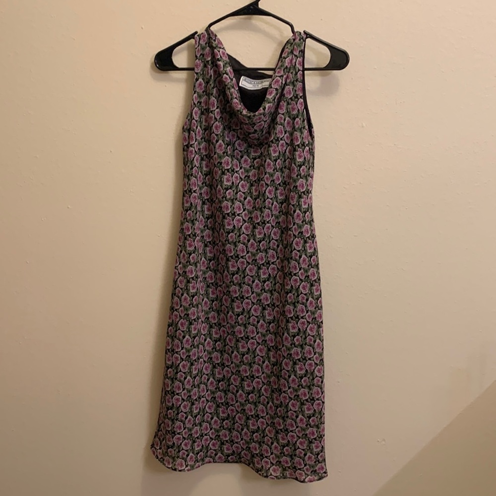 Vintage 90s Jessica Howard black with purple roses floral midi dress